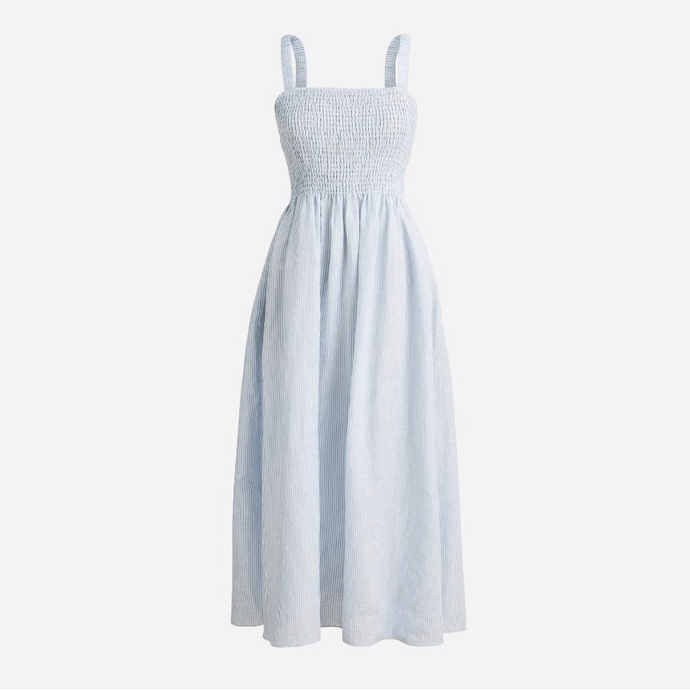 NWT - J.CREW Smocked Beach Dress - Blue & White Seersucker Striped - Sleeveless